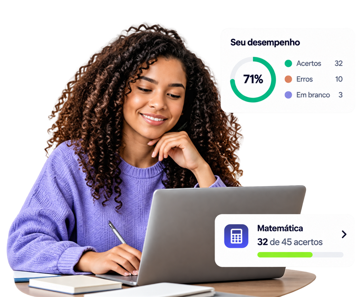 Estudante se preparando para o ENEM com notebook e indicadores de desempenho