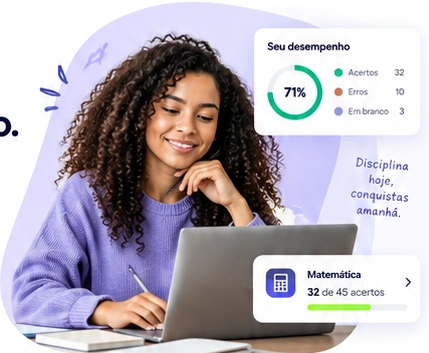 Estudante com notebook e indicadores ilustrativos de desempenho